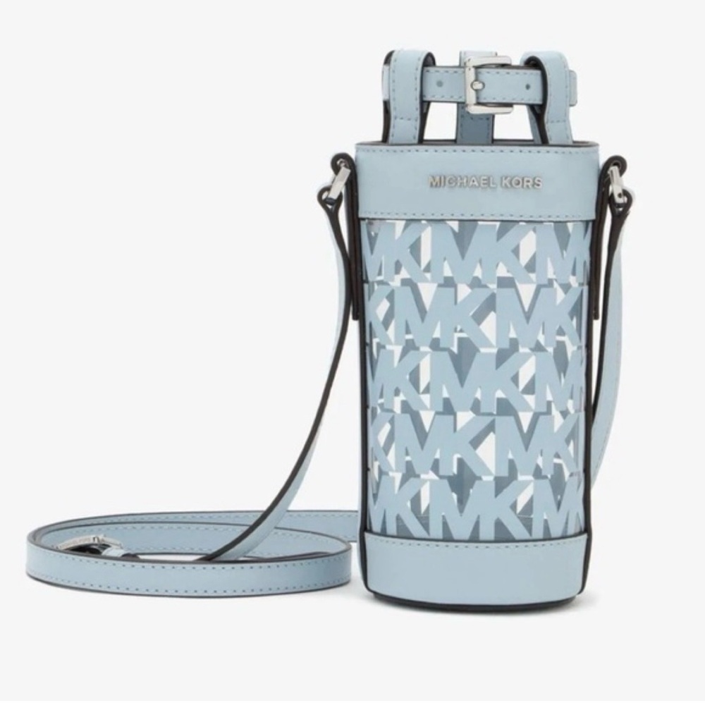 Michael Kors Pale Blue MK Logo Cylinder Crossbody Water Bottle Holder